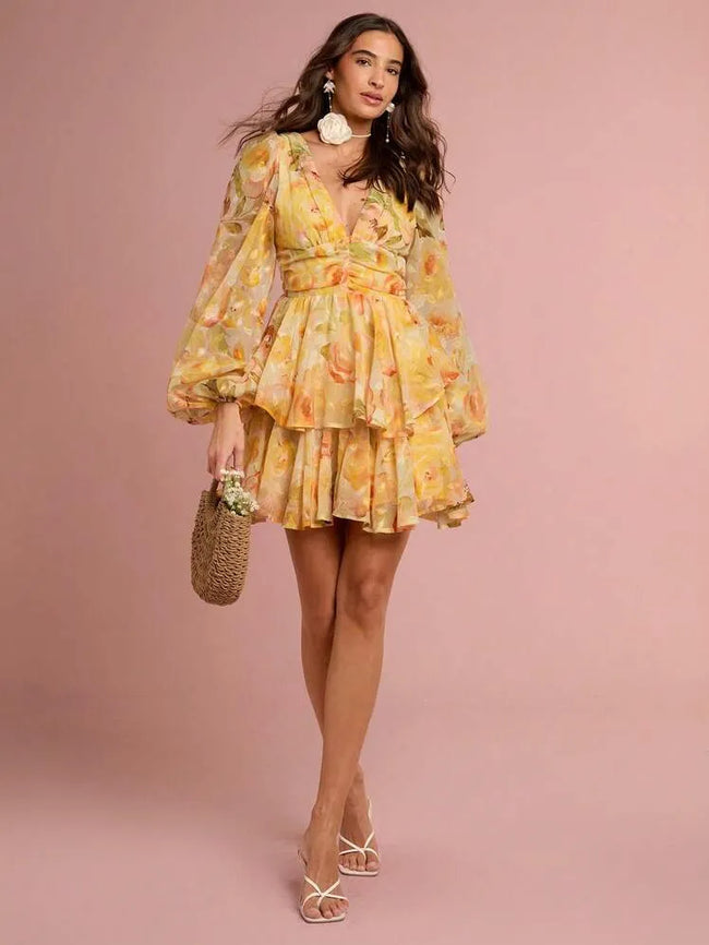 Sunshine Yellow Floral Print Deep V-Neck Lantern Sleeve Ruffled Short Dress