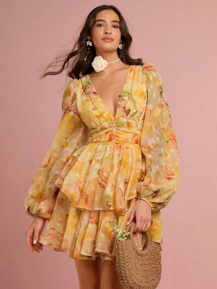 Sunshine Yellow Floral Print Deep V-Neck Lantern Sleeve Ruffled Short Dress