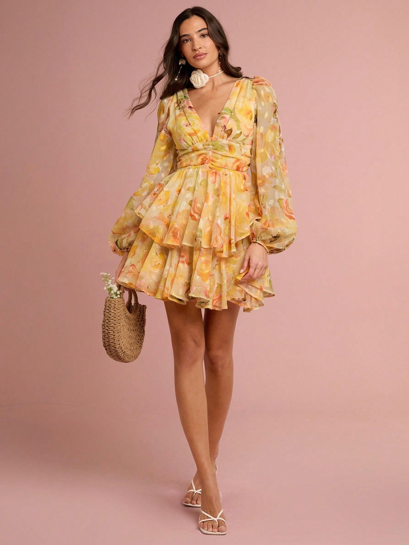 Sunshine Yellow Floral Print Deep V-Neck Lantern Sleeve Ruffled Short Dress