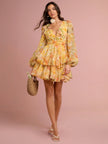 Sunshine Yellow Floral Print Deep V-Neck Lantern Sleeve Ruffled Short Dress