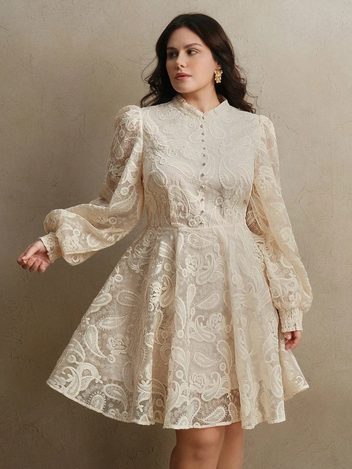 Women's Elegant Floral Embroidered Lantern Sleeve Mesh Dress