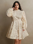 Women's Elegant Floral Embroidered Lantern Sleeve Mesh Dress