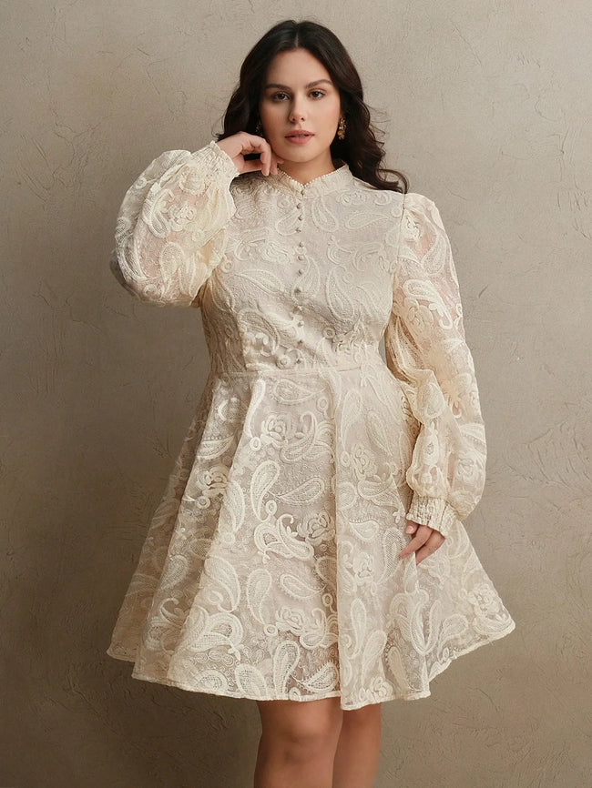 Women's Elegant Floral Embroidered Lantern Sleeve Mesh Dress