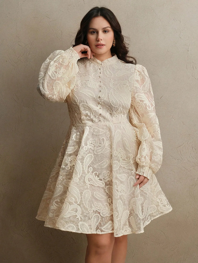Women's Elegant Floral Embroidered Lantern Sleeve Mesh Dress