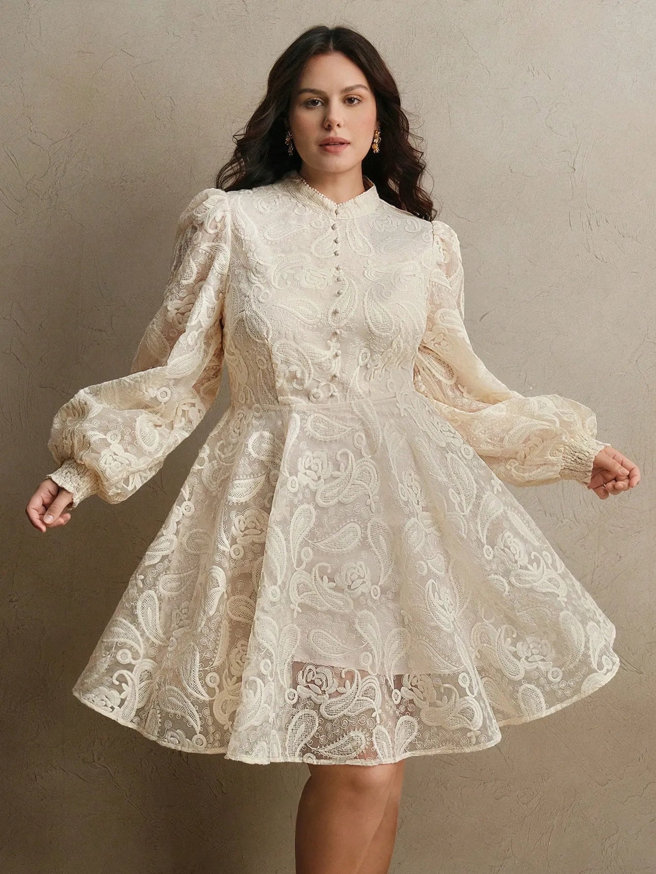 Women's Elegant Floral Embroidered Lantern Sleeve Mesh Dress